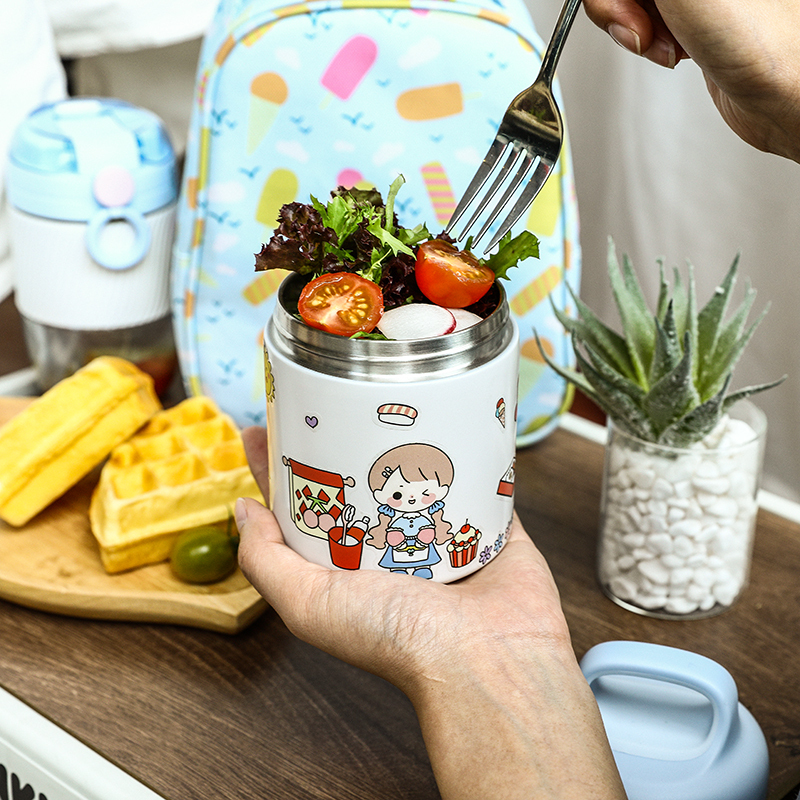 Picnic School Children Double Wall 304 Stainless Steel Food Jar Storage Lunch Box with Plastic Water Bottle Set for Kids