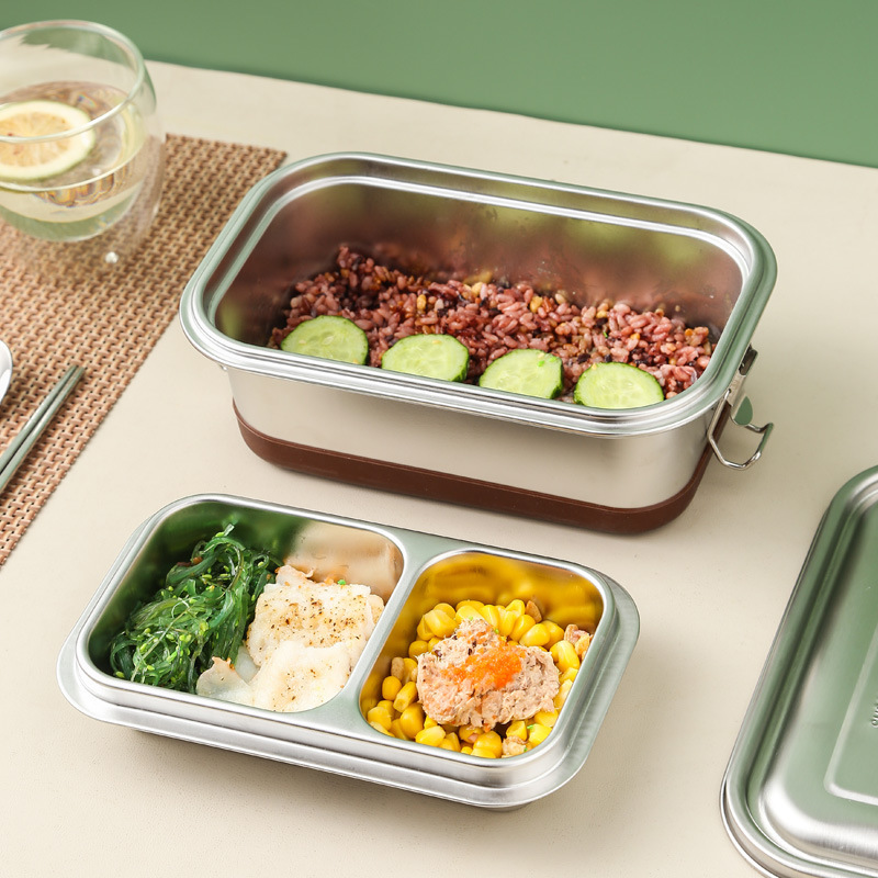 Sealed Leak Proof High Capacity Kids Bento Box Double layer Two Compartment 304 Stainless Steel Lunch Box with Silicone Bottom