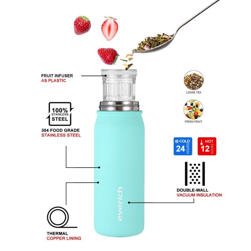 Everich Large Capacity 18oz 25oz Wide Mouth Double Wall 304 Insulated Stainless Steel Water Bottles with Straw Lid Tea Infuser
