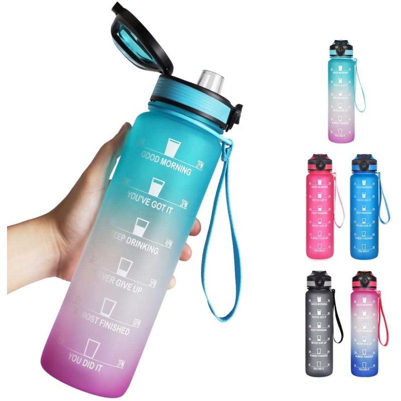 BPA-Free Leakproof 12oz / 32oz Motivational Plastic Sports Tritan Water Bottle With Time Marker Durable Non-Toxic