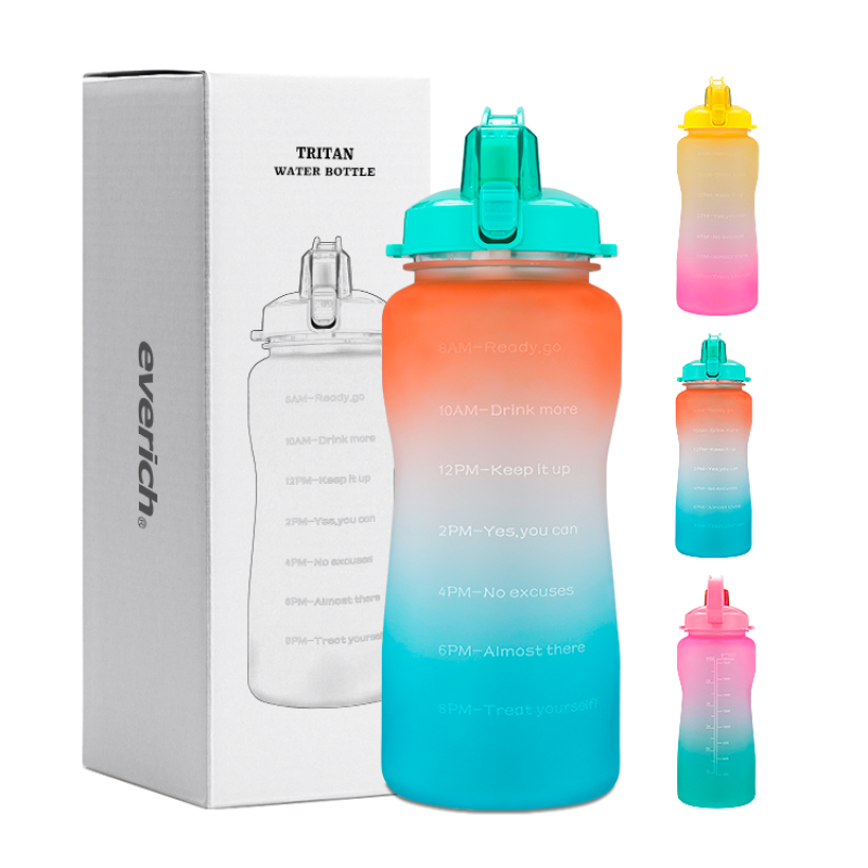 Free Shipping 64oz 2000ml gradient SK plastic water bottle with handle with straw with time maker