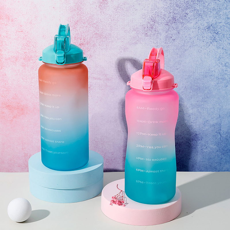 Free Shipping 64oz 2000ml gradient SK plastic water bottle with handle with straw with time maker