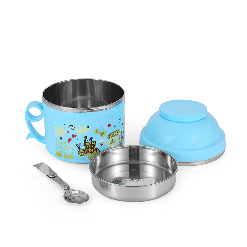 Korean Style Kids Lunch Box 2 Layers Stainless Steel Thermal Serving Bowl Stainless Steel Bento Bowl With Spoon