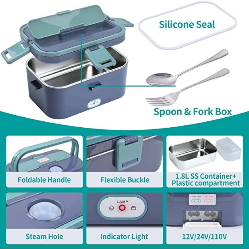 Electric Lunch Box 60W Food Heated 12V 24V 110V Portable Food Warmer Heater for Car/Truck/Home Self Heating Box with 1.8L