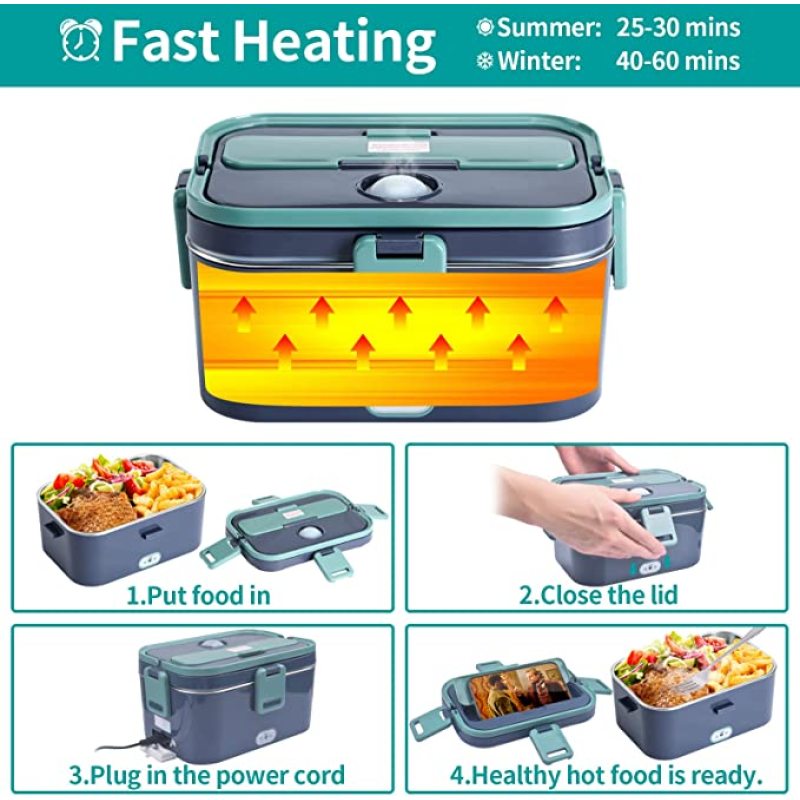 Electric Lunch Box 60W Food Heated 12V 24V 110V Portable Food Warmer Heater for Car/Truck/Home Self Heating Box with 1.8L