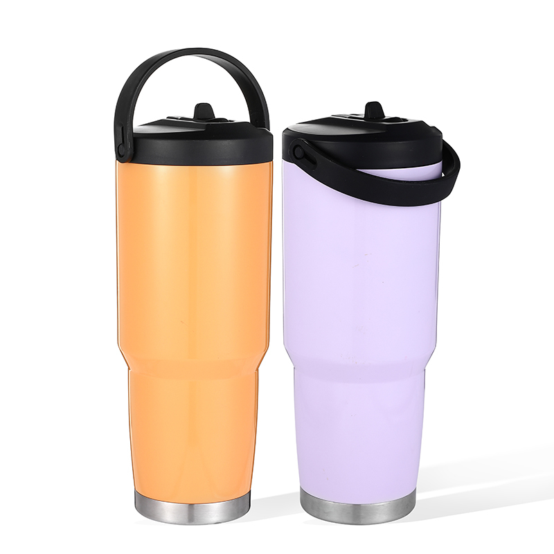 30 oz double walled ODM stainless steel wine tumbler with flip straw and handle vacuum insulated multipurpose water bottles