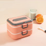 Custom Rectangular Colorful Plastic Two Compartments Multi Layers Storage Food Container Bento Lunch Box with Handle Spoon