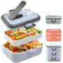 Custom Rectangular Colorful Plastic Two Compartments Multi Layers Storage Food Container Bento Lunch Box with Handle Spoon