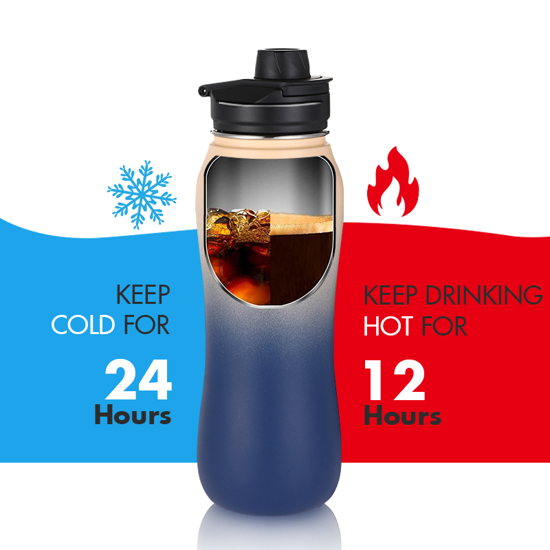 Customized Logo 24 oz Double Wall 304 Vacuum Insulated Thermal Curved Stainless Steel Sports Water Bottle with Straw Lid