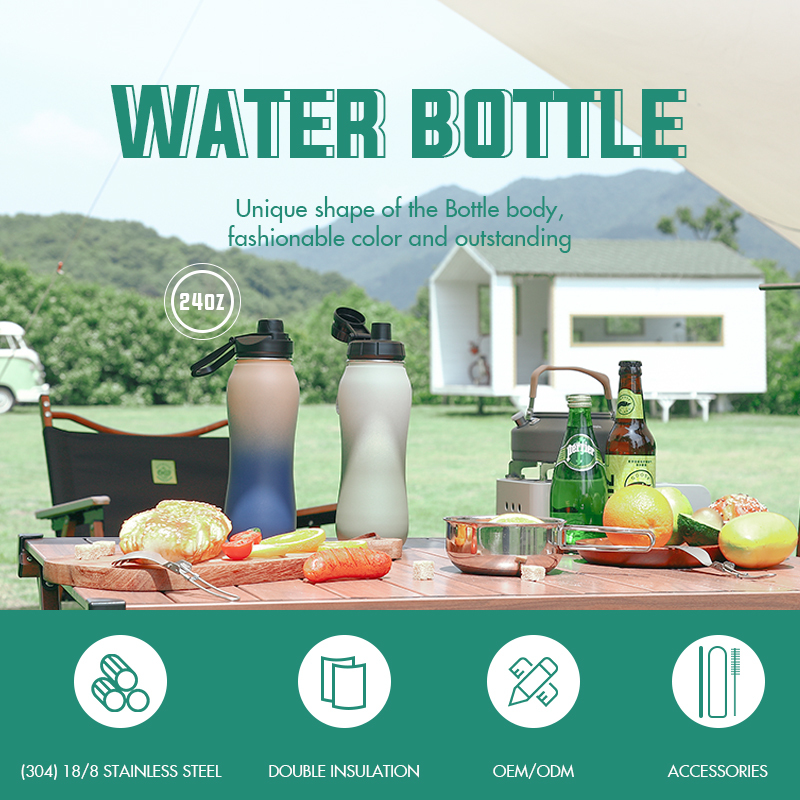 Customized Logo 24 oz Double Wall 304 Vacuum Insulated Thermal Curved Stainless Steel Sports Water Bottle with Straw Lid