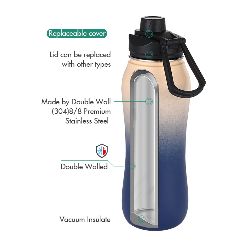 Customized Logo 24 oz Double Wall 304 Vacuum Insulated Thermal Curved Stainless Steel Sports Water Bottle with Straw Lid