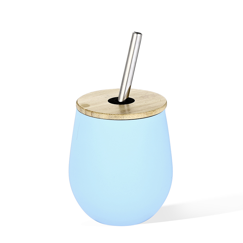 OEM Everich Vacuum Metal Egg Tumbler Mug Custom Coating 304 Stainless Steel Insulated Tumbler Wine Cup with Straw Bamboo Lid