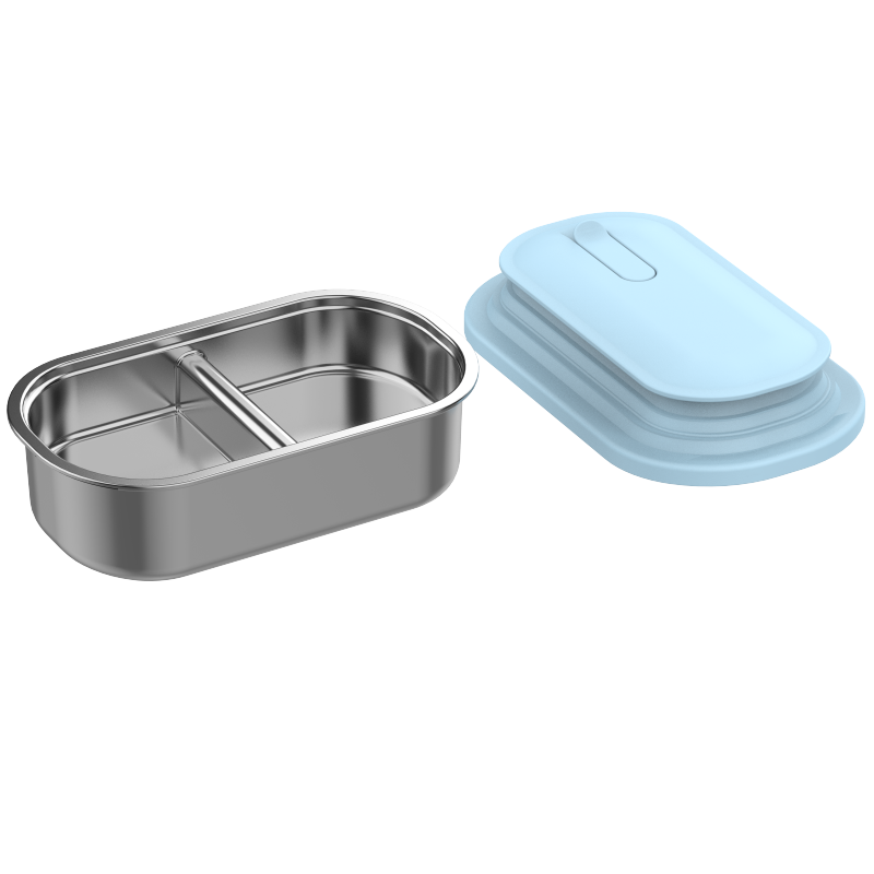 Leak Proof  304 Stainless Steel 2 Compartment Divided Custom Logo Lunch Bento Box With Silicone Retractable Lid