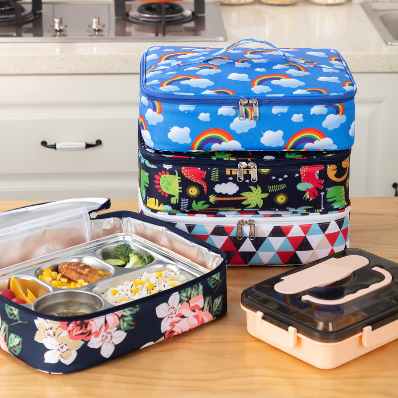 Custom cartoon flower print children lunch box cooler bag canvas insulated lunch bag for kids women