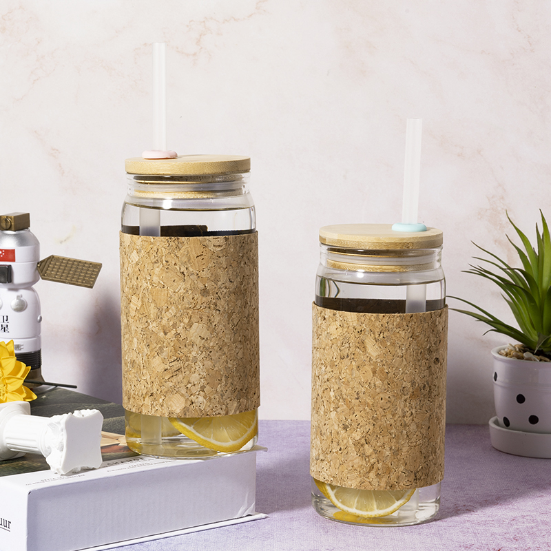 20oz Soft Cork Covered Borosilicate Glass Bottle With Bamboo Lid Eco-friendly Drinkware With Straw