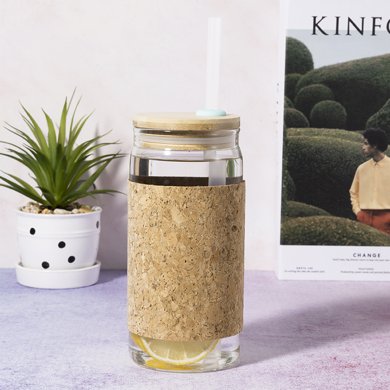 20oz Soft Cork Covered Borosilicate Glass Bottle With Bamboo Lid Eco-friendly Drinkware With Straw