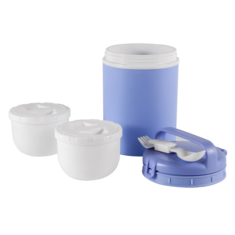 2021 Food Grade Portable Insulated two inner bowls Round Plastic Lunch Box with cutlery set