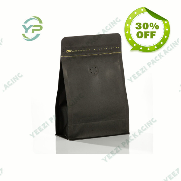 250g Black Kraft Paper Flat Block Box Bottom Coffee Packaging Bag with Valve and Rip Zipper