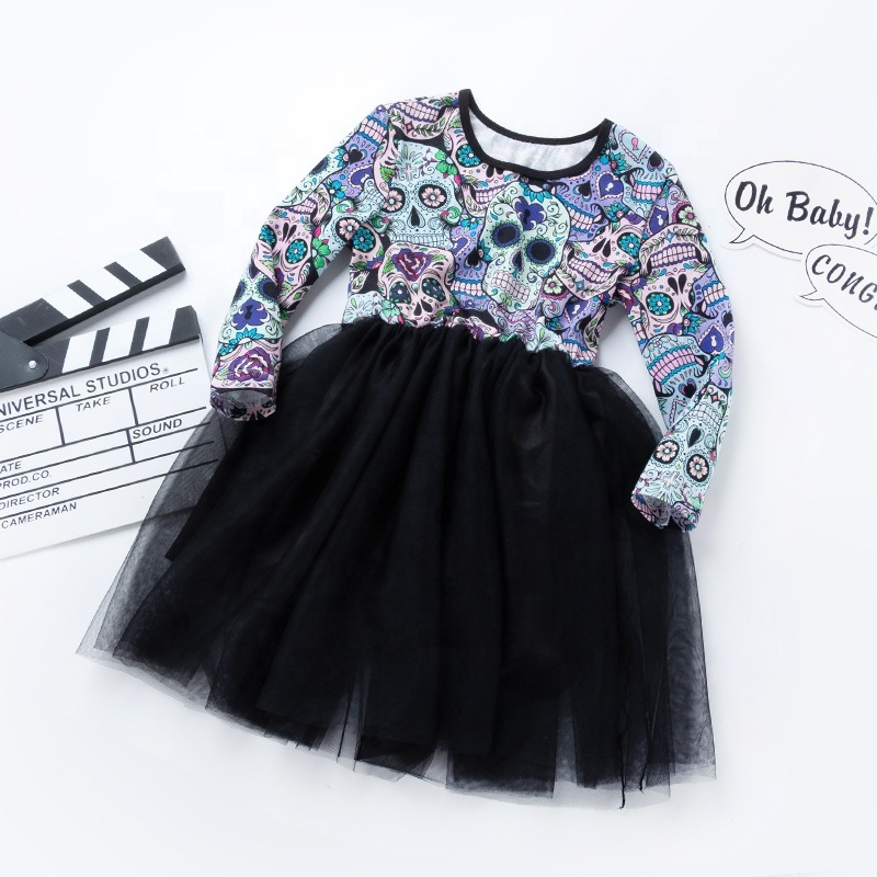 Cheap bone printed high quality long sleeve punk kid girl tulle layered dress
