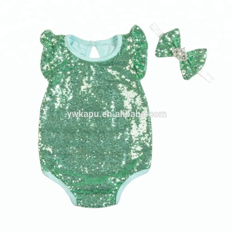 HOT Selling Summer Pretty Baby Girl's Spring Flutter Sequin Sleeve Romper with headband
