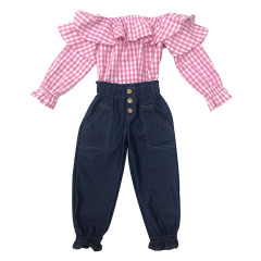 Wholesale Fall Kids Girl Denim Pants Plaid  Blouse Top 2 pcs Clothing Set
