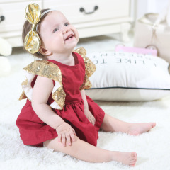 Wholesale Boutique Stylish Backless Baby Girls Dresses Rompers Jumpsuit with Sequin Ruffle Sleeve and Bow