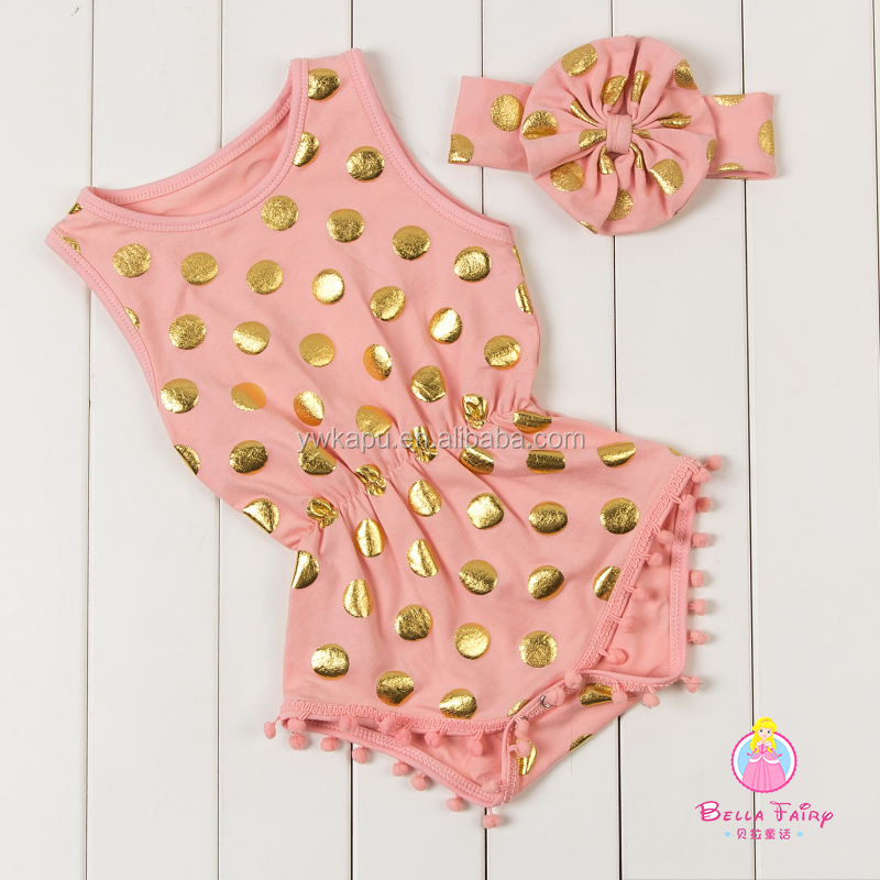 Kids fashionable clothing Hot stamping polka dot romper baby girl bodysuit pompom romper