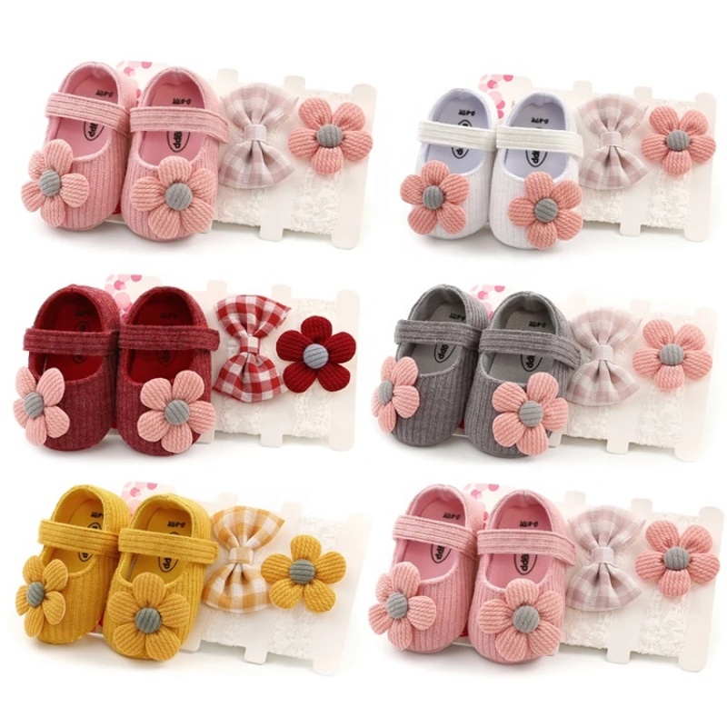 Focusnorm 0-18M newborn baby girls boys crib shoes cotton flowers hook soft cork baby shoes 6 colors headband