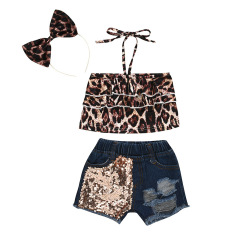 Wholesale Kids Girls Leopard Strappy Shirts and Sequin Denim Shorts Set With Bow