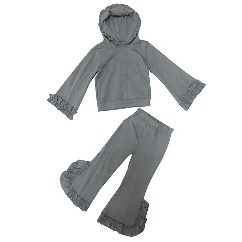  High Quality OEM Style Warm Fall Cotton Ruffle Girl Clothing Set With Hoodie