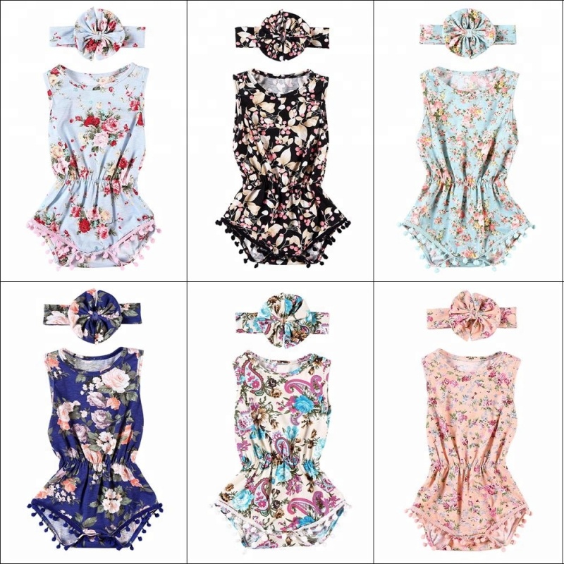 Wholesale floral Printed Ruffle Pompoms Baby girl Romper set With messy bow headband