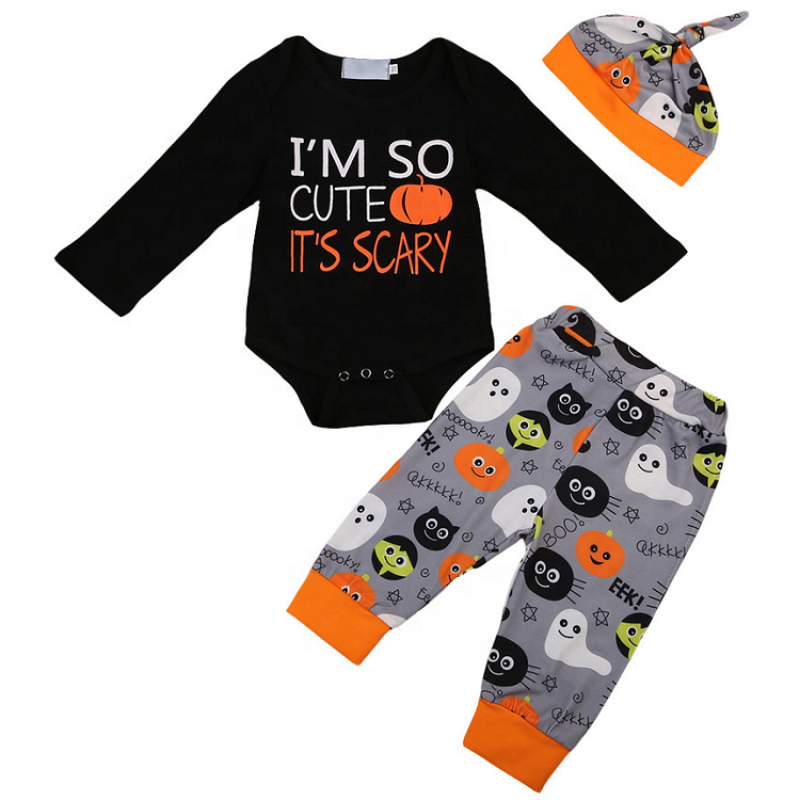 Manufacture halloween kids clothes 3pcs cartoon printed rompers hat clothing sets
