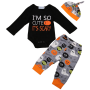 Manufacture halloween kids clothes 3pcs cartoon printed rompers hat clothing sets