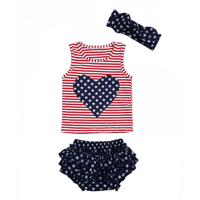 2019 New design Sleeveless Clothes Babt Girl Heart Tank Top Ruffle Bloomer  outfit