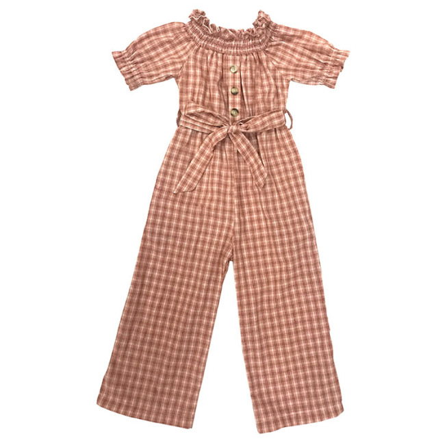Wholesale new fall cotton plaid long pants romper kids girl jumpsuit RTS