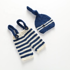 Newborn Photography Props Baby Navy Blue Hat Striped Crochet Knitting Clothing Set