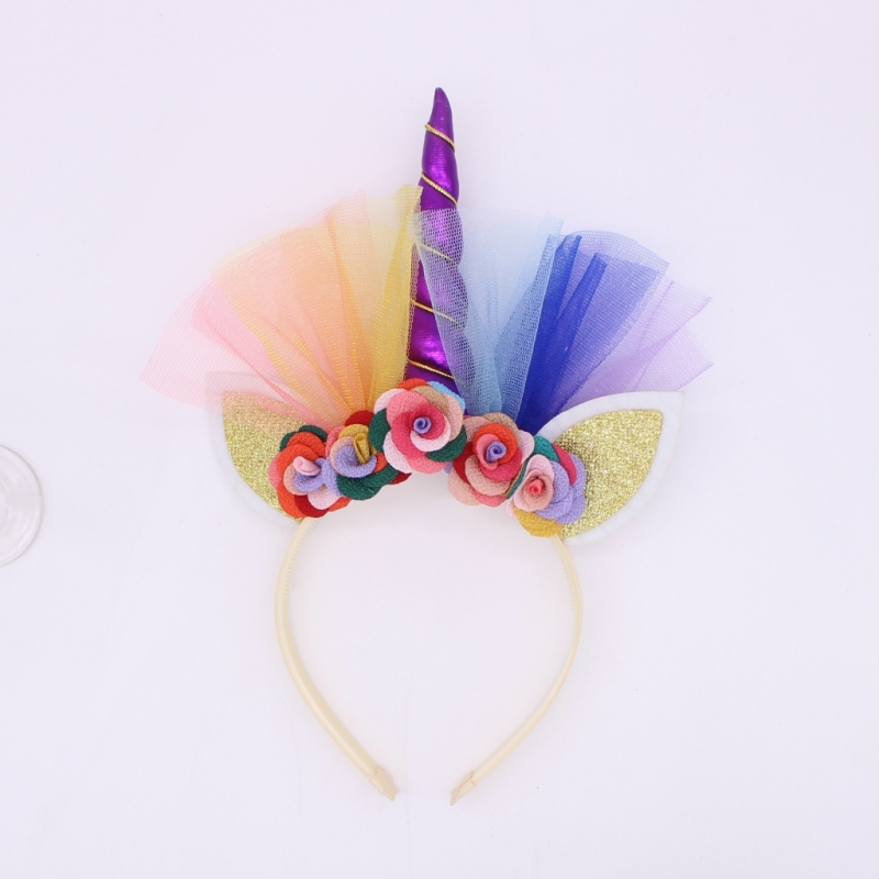 Wholesale Gold elastic designer birthday party cat ear flower  unicorn horn gauze headbands for baby girls