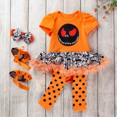 Cheap pumpkin orange puff sleeve halloween baby tutu dresses set