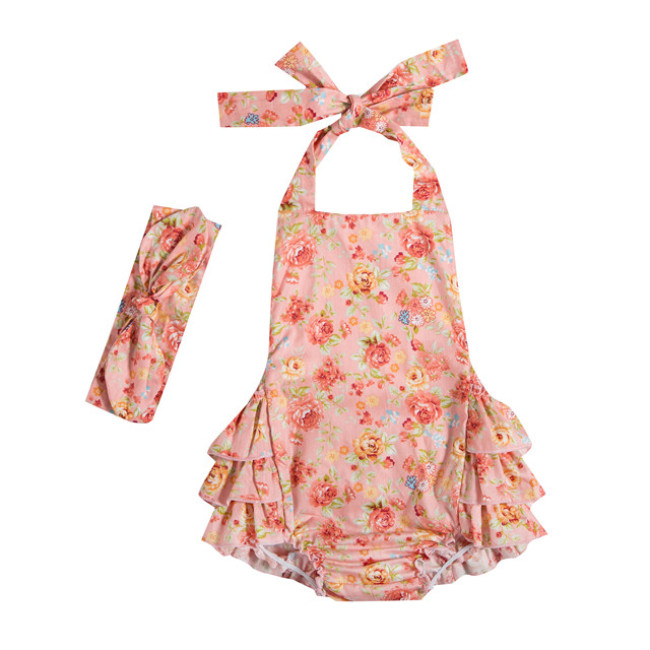 Baby Girl Floral Pattern Summer Backless Halter Romper With Headband