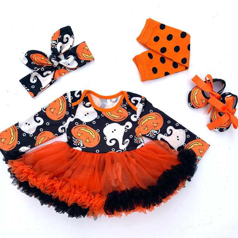 Halloween Pumpkin Little Girls Lap Shoulder Tutu Dresses With Headband And Shoes