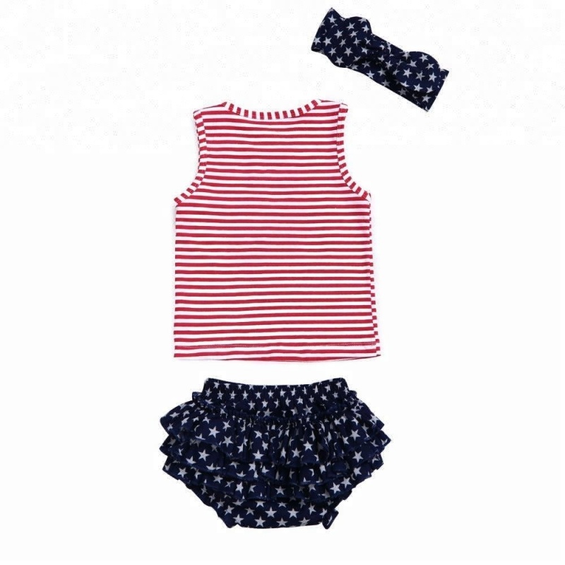 2018 Newest design patriotic high quality sleeveless top and ruffle bloomers 4th of July baby girl outfit