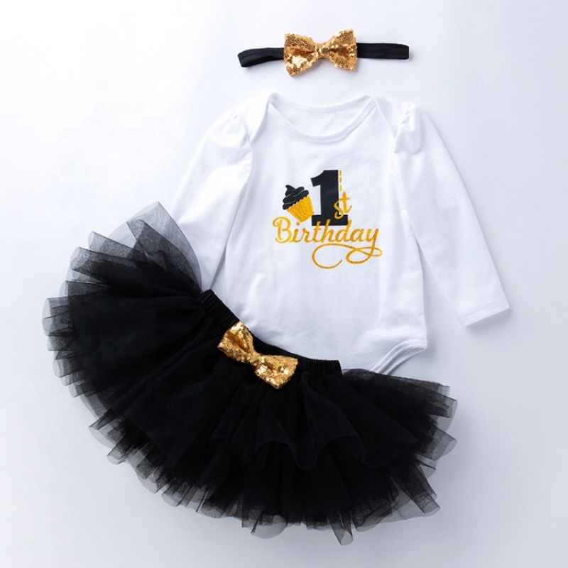 Wholesale Baby Girl Birthday Outfit Set Cotton Romper With Tutu Skirts And Headband Clothing Set