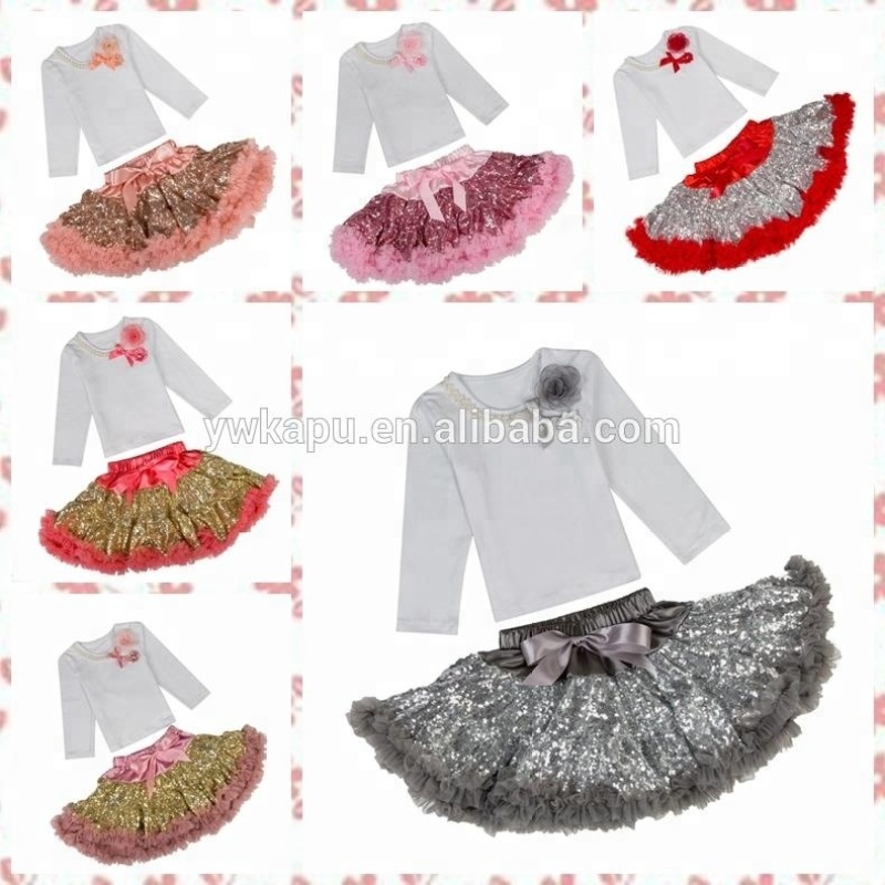 Wholesale children's boutique clothing flower decorate long sleeve top match sequin tutu skirt girl outfit