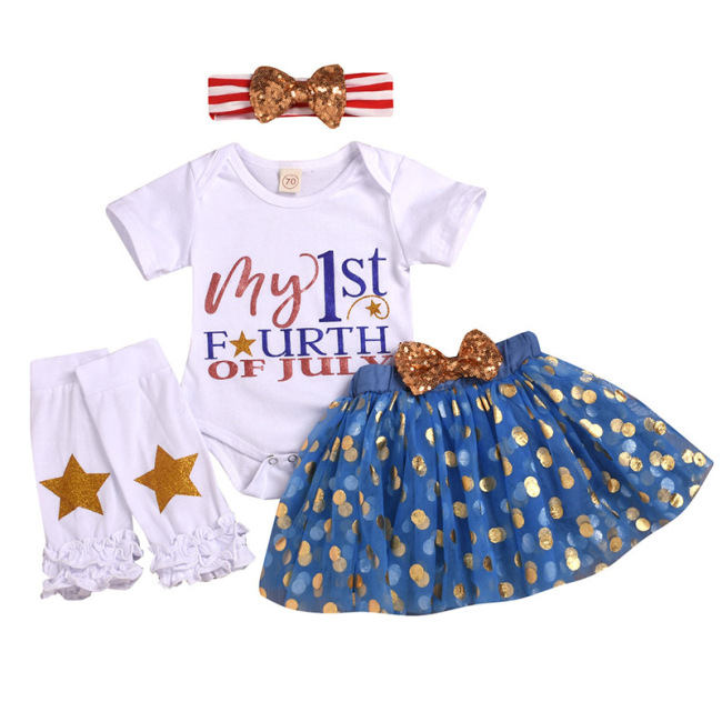 Promotional 4Pcs Baby Girls Rompers with Gauze Skirts Pants and Bow Headwear Set for Fourth Of July