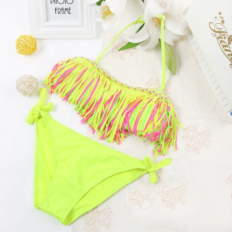 Fashion design halter tassel brand two piece teen bikini swimwear girls