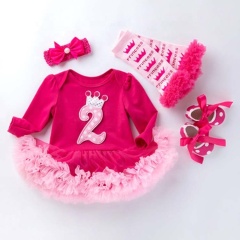 Hot Sale Long Sleeve Baby Boutique Girl Birthday Tutu Dress With Leggings And Baby Shoes And Headband 