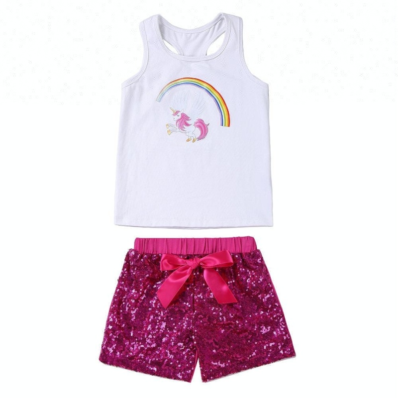 Unicorn Tank Top And Sequin Shorts With Bowknot Outfit Girls Clothing Set