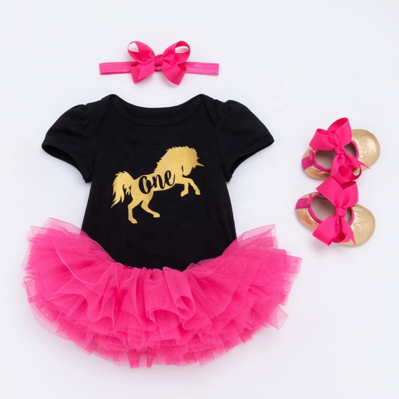 New Infant Boutique Cotton Girl Birthday Dresses With Baby Shoes And Headband 