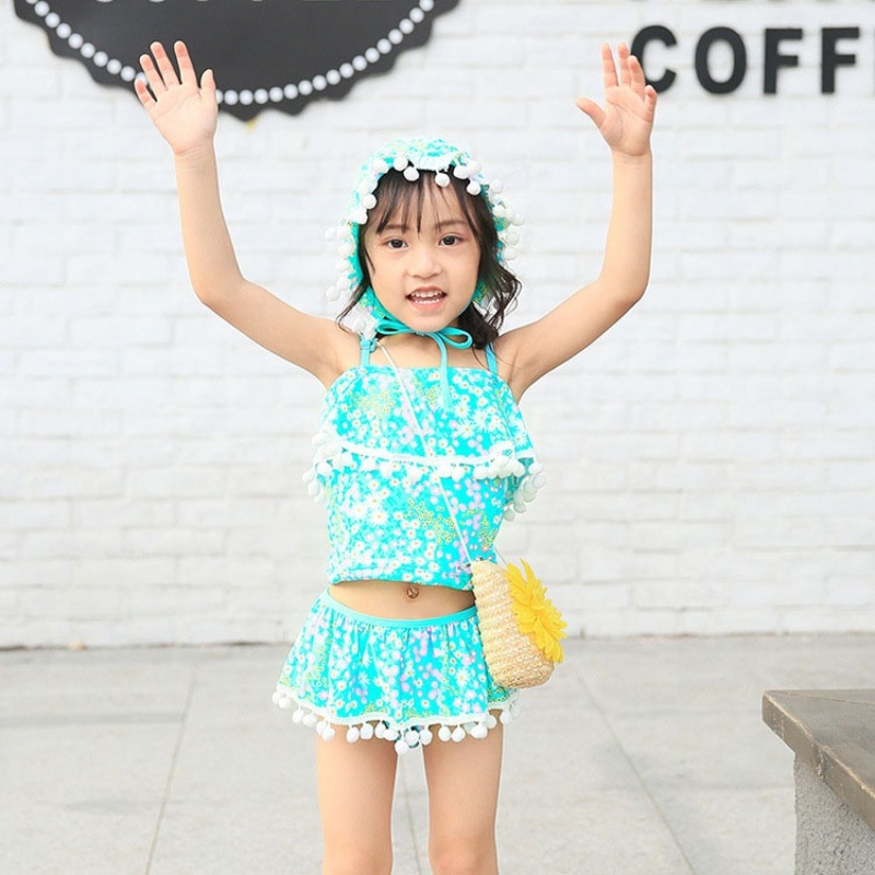 2021 new trendy 3 pc pink yellow blue red swimwear print ruffle tassel bikini