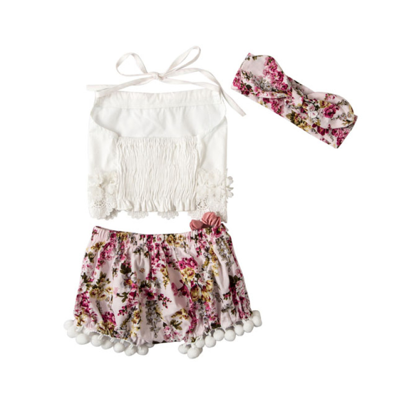 Wholesale Boutique Kids Lace Tank Top And Floral Pompom Shorts Clothing Outfit Set With Headband 